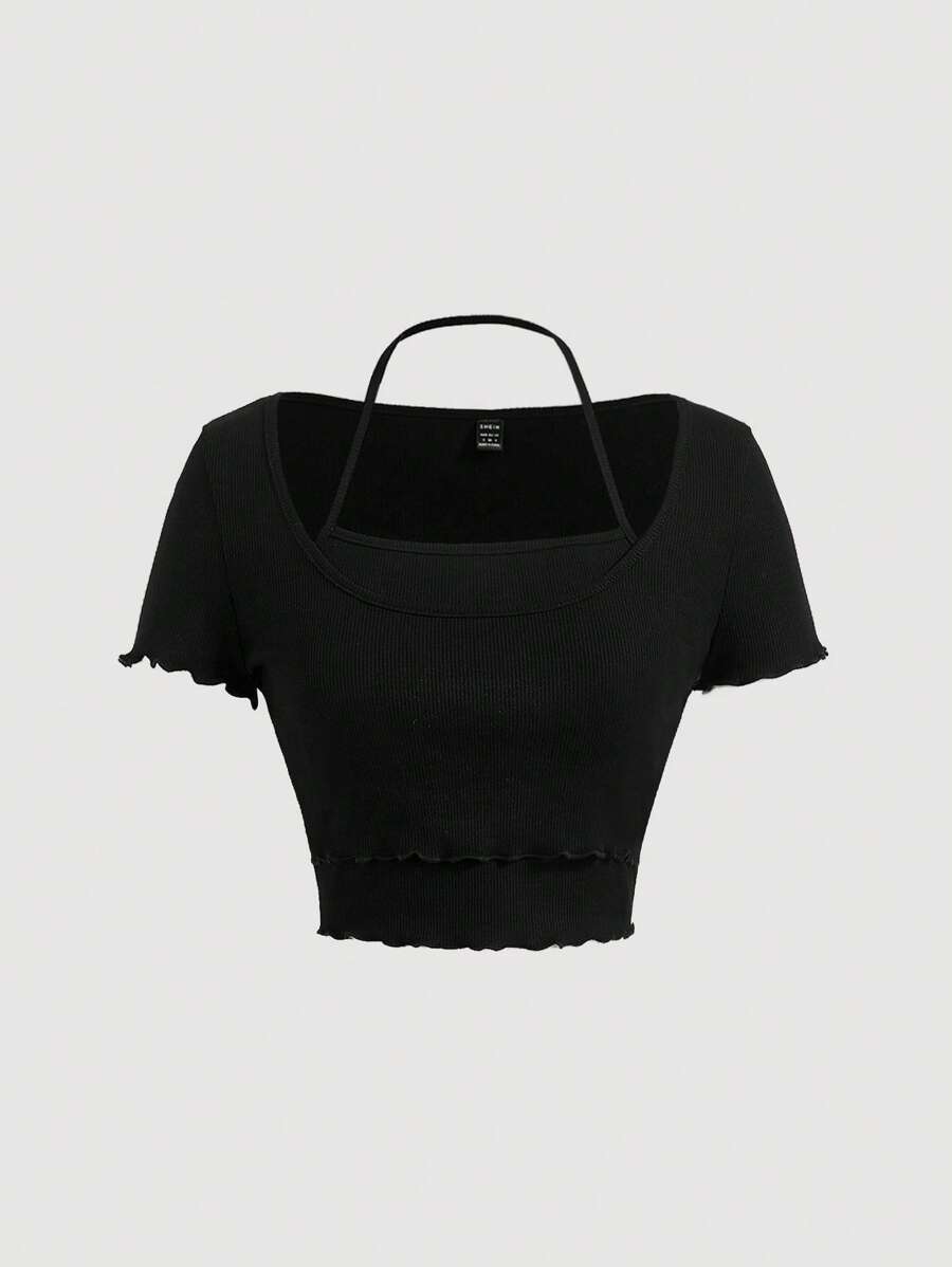 SHEIN MOD Solid Lettuce Trim Crop Tee - Black - View 1