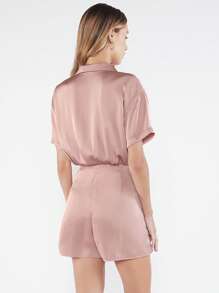 BizChic Solid Knot Front Lapel Neck Romper Workwear - Dusty Pink - View 2