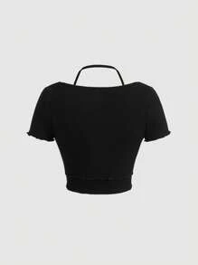 SHEIN MOD Solid Lettuce Trim Crop Tee - Black - View 2
