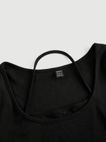 SHEIN MOD Solid Lettuce Trim Crop Tee - Black - View 4