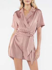 BizChic Solid Knot Front Lapel Neck Romper Workwear - Dusty Pink - View 5
