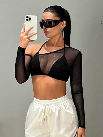 SHEIN ICON Asymmetrical Neck 2 In 1 Crop Mesh Top
