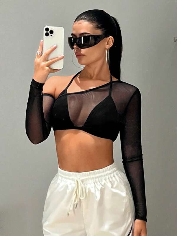SHEIN ICON Asymmetrical Neck 2 In 1 Crop Mesh Top