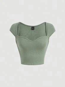SHEIN MOD Ribbed Knit Sweetheart Neck Tee - Mint Green - View 1