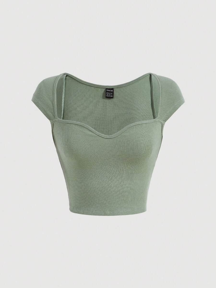SHEIN MOD Ribbed Knit Sweetheart Neck Tee - Mint Green - View 1