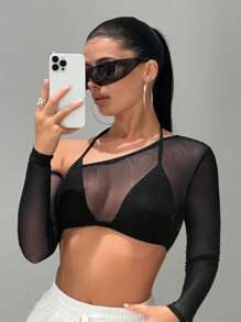 SHEIN ICON Asymmetrical Neck 2 In 1 Crop Mesh Top - Black - View 3