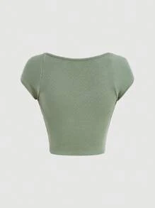 SHEIN MOD Ribbed Knit Sweetheart Neck Tee - Mint Green - View 2