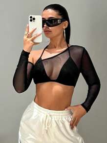 SHEIN ICON Asymmetrical Neck 2 In 1 Crop Mesh Top - Black - View 4