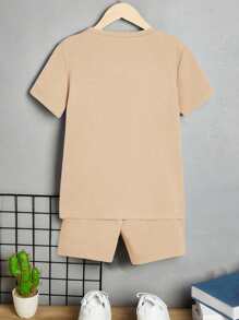 SHEIN Boys Letter Patched Detail Tee & Shorts - Apricot - View 2