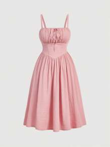 SHEIN MOD Đầm Plus Size Dải chun Thắt nơ trước Nếp gấp Phần Ngực màu trơn Giải trí - Hồng - Xem 1