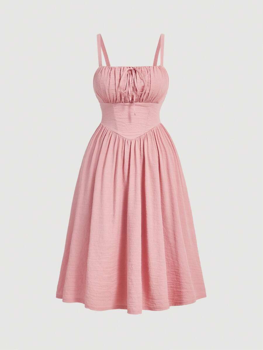 SHEIN MOD Đầm Plus Size Dải chun Thắt nơ trước Nếp gấp Phần Ngực màu trơn Giải trí - Hồng - Xem 1