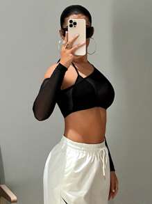 SHEIN ICON Asymmetrical Neck 2 In 1 Crop Mesh Top - Black - View 5
