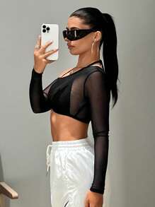 SHEIN ICON Asymmetrical Neck 2 In 1 Crop Mesh Top - Black - View 6