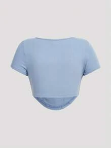 SHEIN MOD 大碼前繫帶弧形下擺T恤 - 淺藍色 - 查看 2