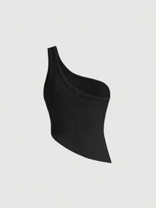 SHEIN MOD One Shoulder Asymmetrical Hem Top - Black - View 2