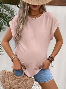 SHEIN Áo thun Bà bầu màu trơn Giải trí - Màu Hồng baby - Xem 1