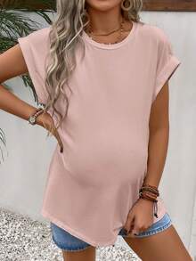 SHEIN Áo thun Bà bầu màu trơn Giải trí - Màu Hồng baby - Xem 3