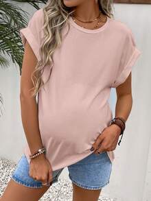 SHEIN Áo thun Bà bầu màu trơn Giải trí - Màu Hồng baby - Xem 4