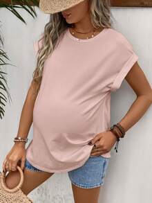 SHEIN Áo thun Bà bầu màu trơn Giải trí - Màu Hồng baby - Xem 5