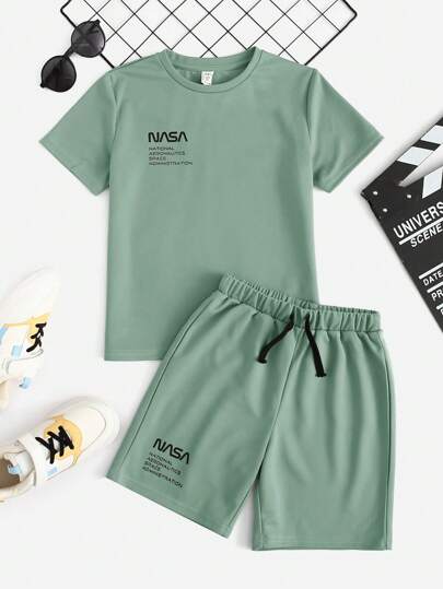 SHEIN Tween Boy Fresh Color Block Print Crew Neck kortärmad T-shirt & shorts