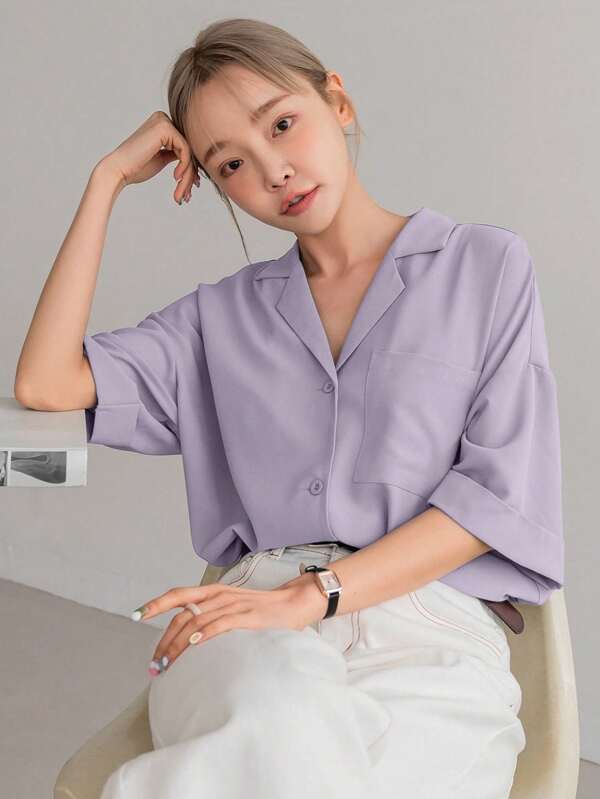 DAZY Solid Button Front Pocket Patched Shirt