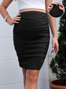 SHEIN Maternidad Falda ajustada de cintura ajustable fruncido lateral - Negro - Ver 1
