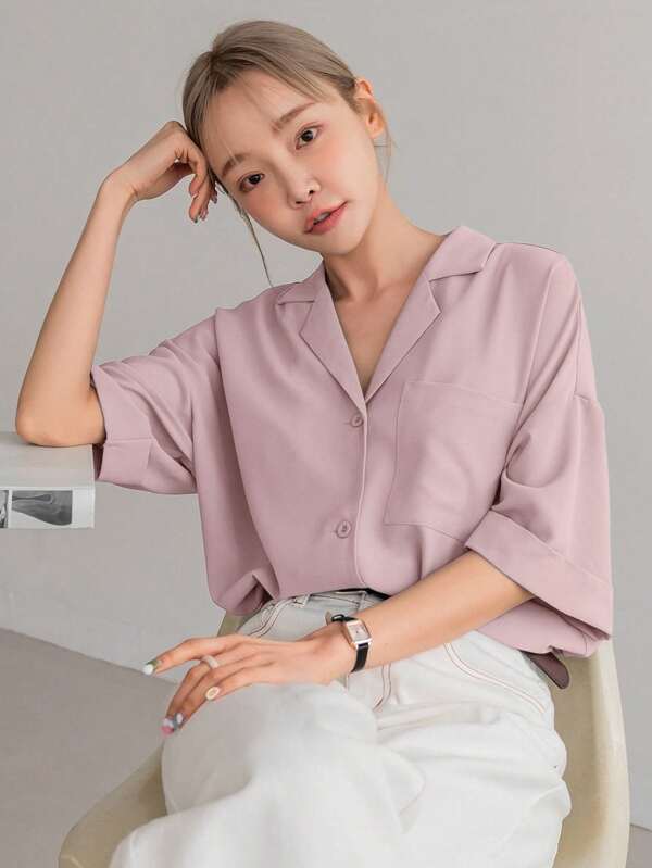 DAZY Solid Button Front Pocket Patched Shirt