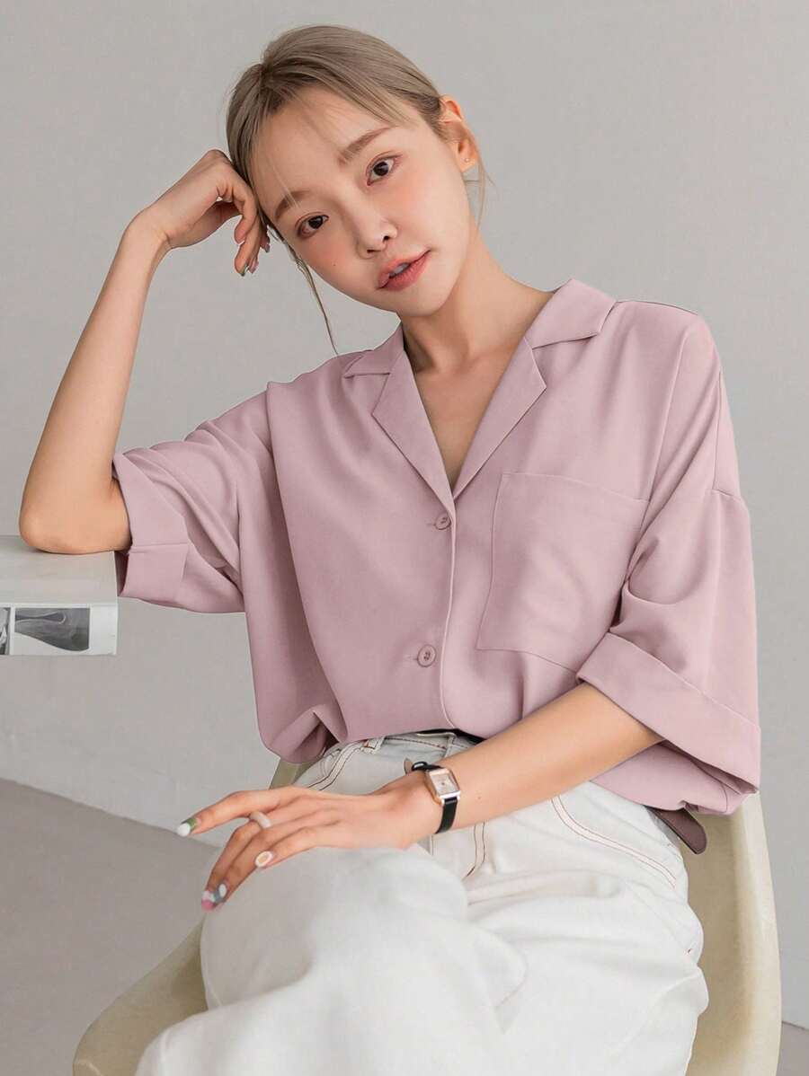 DAZY Camisa unicolor con botón delantero con parche de bolsillo - Rosa - Ver 1