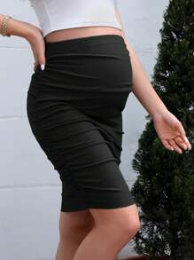 SHEIN Maternidad Falda ajustada de cintura ajustable fruncido lateral - Negro - Ver 4