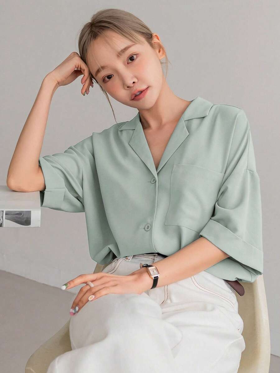 DAZY Solid Button Front Pocket Patched Shirt - Mint Green - View 1