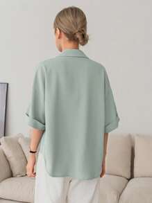 DAZY Solid Button Front Pocket Patched Shirt - Mint Green - View 2