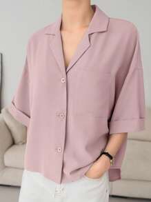 DAZY Camisa unicolor con botón delantero con parche de bolsillo - Rosa - Ver 5