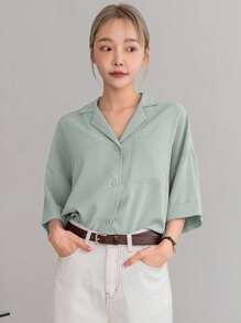 DAZY Solid Button Front Pocket Patched Shirt - Mint Green - View 3