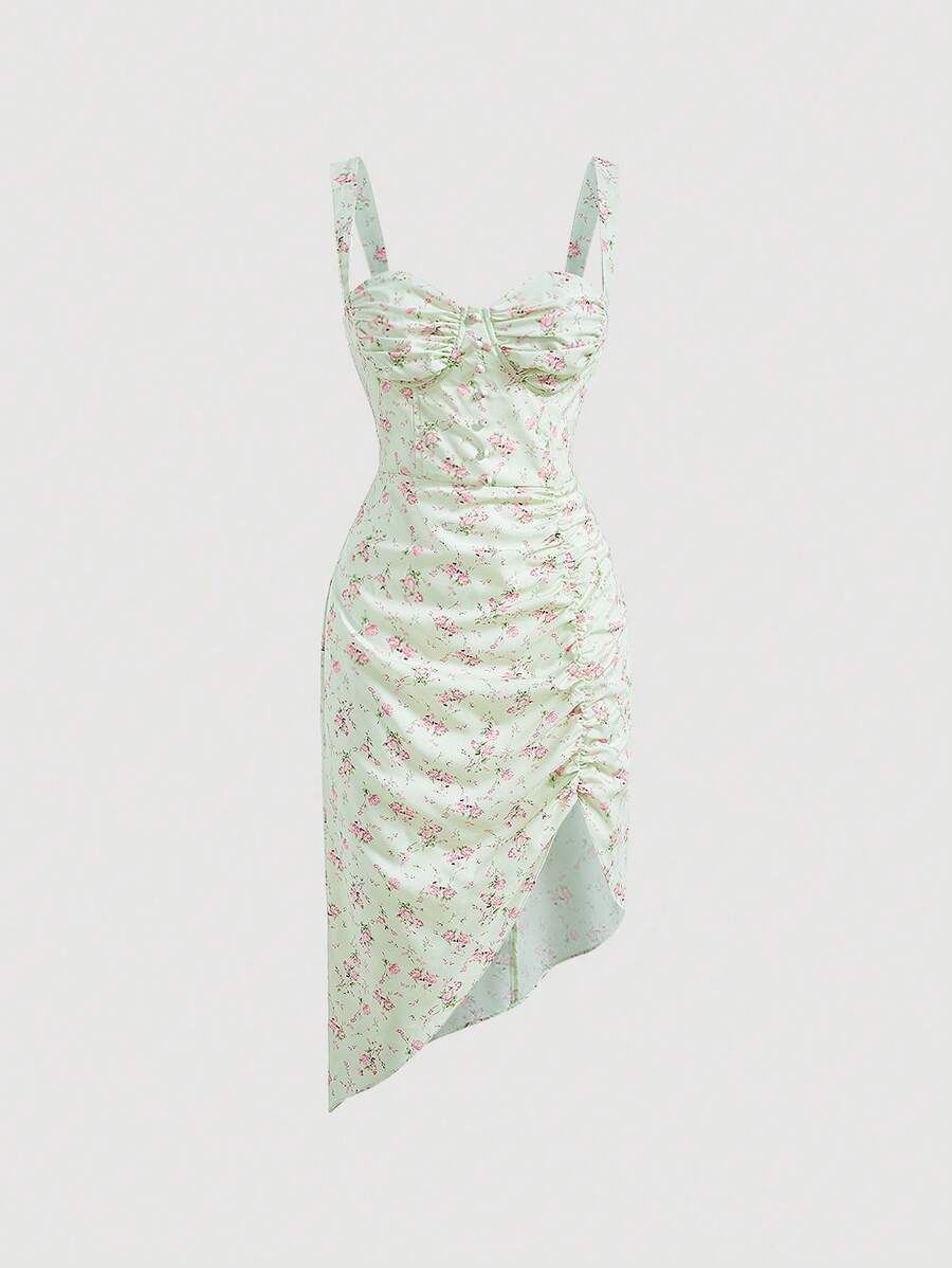 SHEIN MOD 碎花褶邊不對稱下擺吊帶連衣裙 - 薄荷綠 - 查看 1