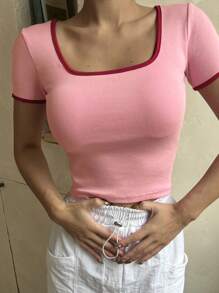 DAZY Contrast Binding Square Neck Tee Cute Tops - Pink - View 1