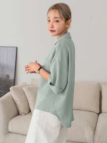 DAZY Solid Button Front Pocket Patched Shirt - Mint Green - View 4