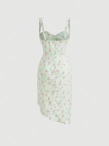 SHEIN MOD 碎花褶邊不對稱下擺吊帶連衣裙 - 薄荷綠 - 查看 2