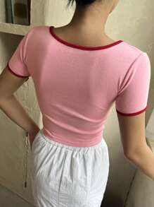 DAZY Contrast Binding Square Neck Tee Cute Tops - Pink - View 2