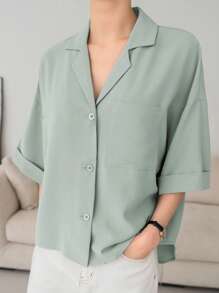 DAZY Solid Button Front Pocket Patched Shirt - Mint Green - View 5