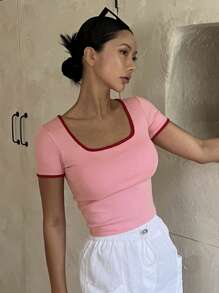 DAZY Contrast Binding Square Neck Tee Cute Tops - Pink - View 3