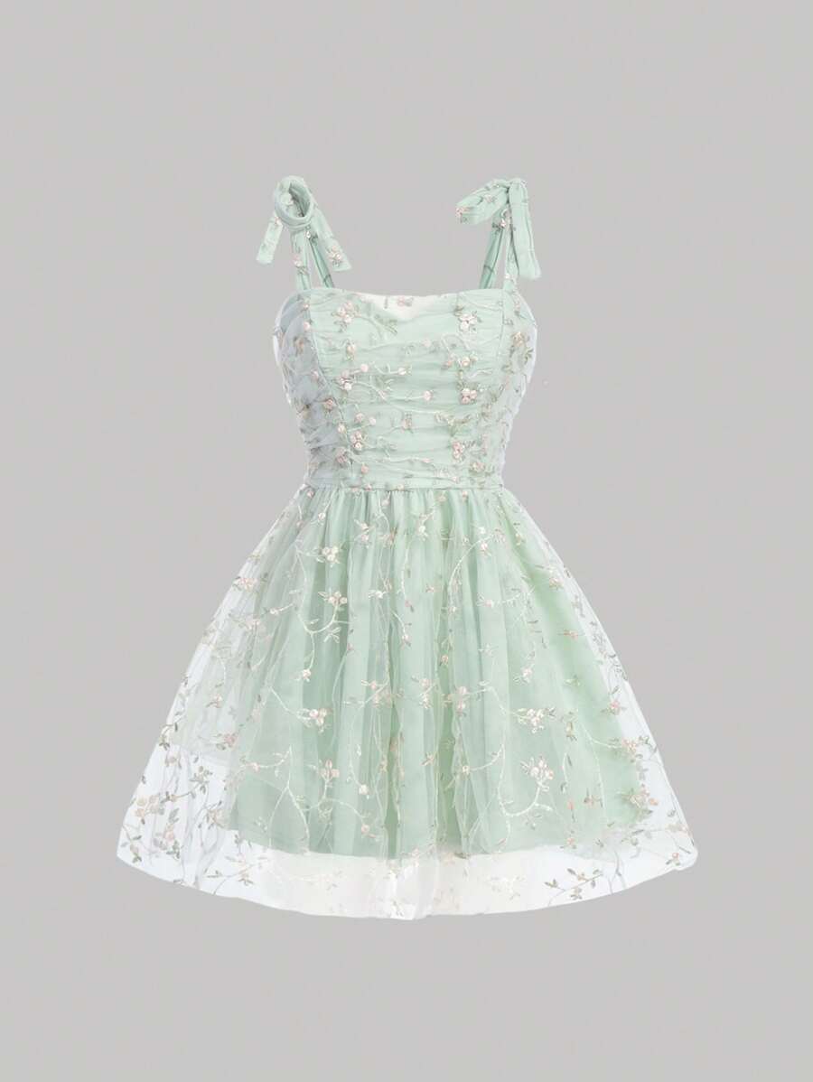 SHEIN MOD Floral Embroidery Mesh Cami Dress - Mint Green - View 1