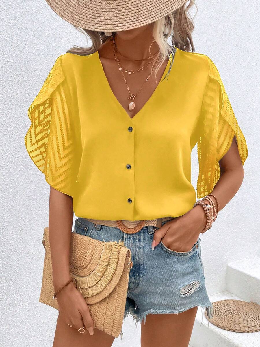 SHEIN LUNE Áo sơ mi nữ Nút phía trước màu trơn Giải trí - Màu vàng - Xem 1