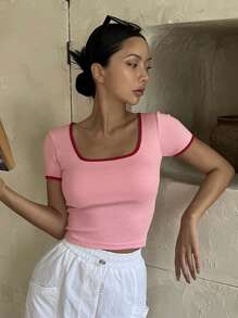 DAZY Contrast Binding Square Neck Tee Cute Tops - Pink - View 6