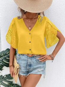 SHEIN LUNE Áo sơ mi nữ Nút phía trước màu trơn Giải trí - Màu vàng - Xem 3