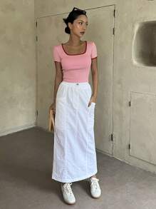 DAZY Contrast Binding Square Neck Tee Cute Tops - Pink - View 8
