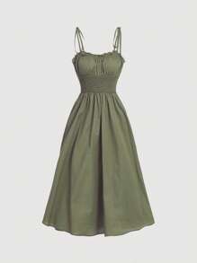 SHEIN MOD Solid Frill Trim Cami Dress - Army Green - View 3