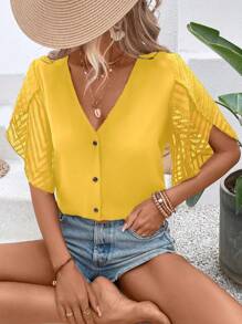 SHEIN LUNE Áo sơ mi nữ Nút phía trước màu trơn Giải trí - Màu vàng - Xem 5