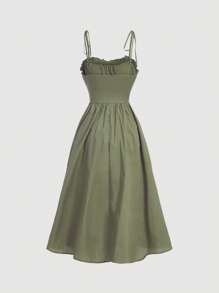 SHEIN MOD Solid Frill Trim Cami Dress - Army Green - View 2