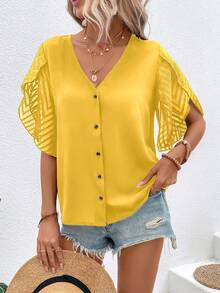 SHEIN LUNE Áo sơ mi nữ Nút phía trước màu trơn Giải trí - Màu vàng - Xem 6