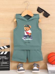 SHEIN 男嬰熊和字母圖案連帽背心上衣和短褲